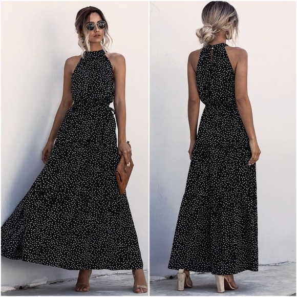 BellanBlue Dresses & Skirts - Boho Black polka dot belted halter maxi dress